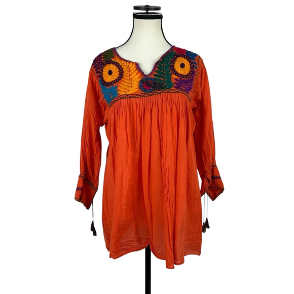 Handmade Tunic Top Womens M Orange Boho Chic Hippie Embroidered Peasant Festival - Picture 2 of 11